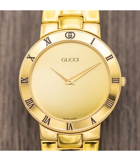 GUCCI 163.4 Quartz GG Dial Wristwatch Gold Plate Stainless.